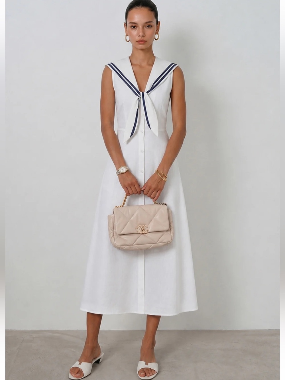 Commense Sleeveless Sailor Collar Cotton Linen Midi Dress Size Large NWT